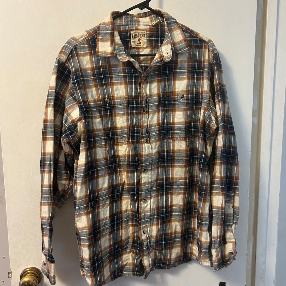 Mens Plaid Flannel Shirt L Blue Brown Cream Outdoorsman Workwear Cabin Western